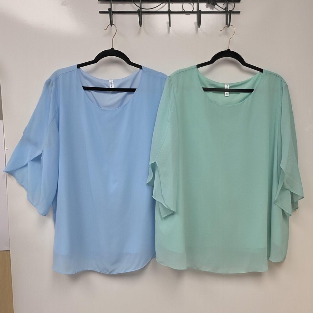 Lot 2 Neineiwu Shirt Womens 2XL Blue Green Sheer Chiffon Flutter Tunic Tops